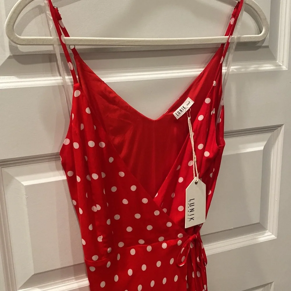 Lunik Red Polka Dot Wrap Dress NWT - Picture 2 of 8